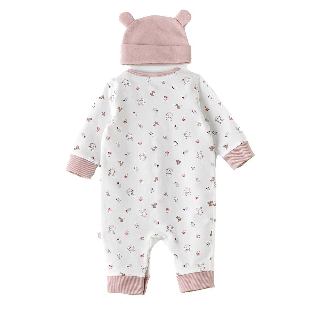 Elegant Kids - 2pc-Set - Bunny Printed Onesie And Hat - White/Pink