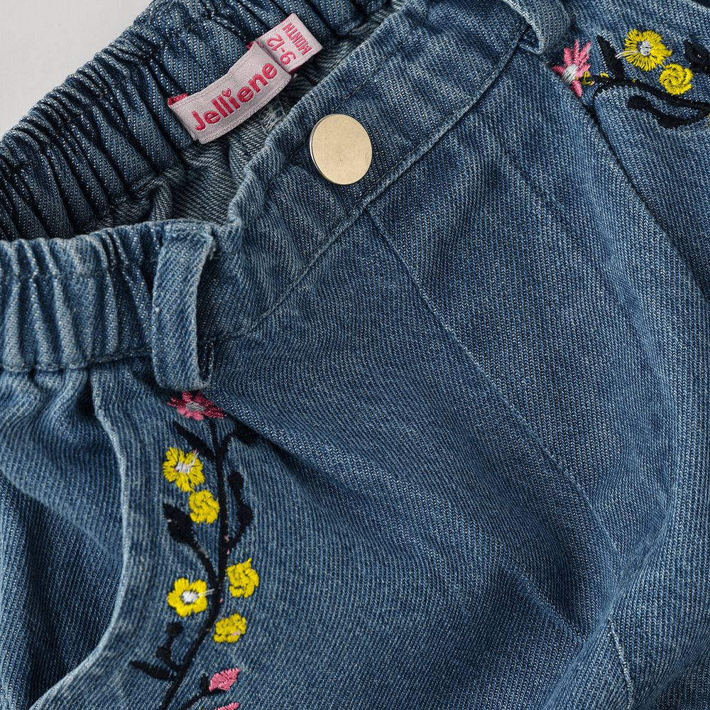 Jelliene - Girls Denim Pants With Floral Embroidery