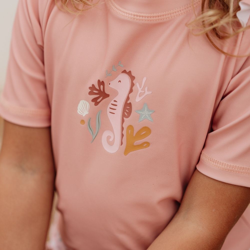 Little Dutch - Seahorse Ruffles Short Sleeves Swim T-shirt - Pink