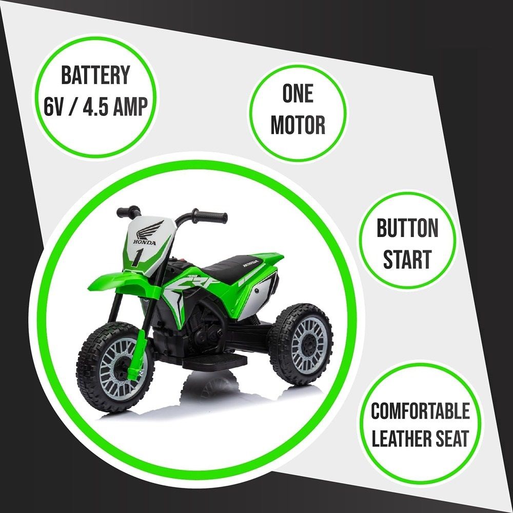 FACTUAL TOYS - Battery Operated Power Riding Kids Motorcycle, Three Wheel Ride-on - 6V - Green