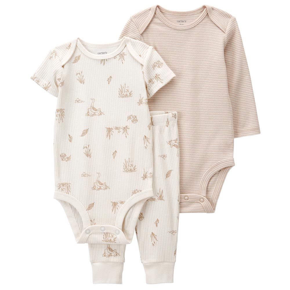 Carters - 3pc-Set - Printed Bodysuits And Pants - Ivory/Khaki