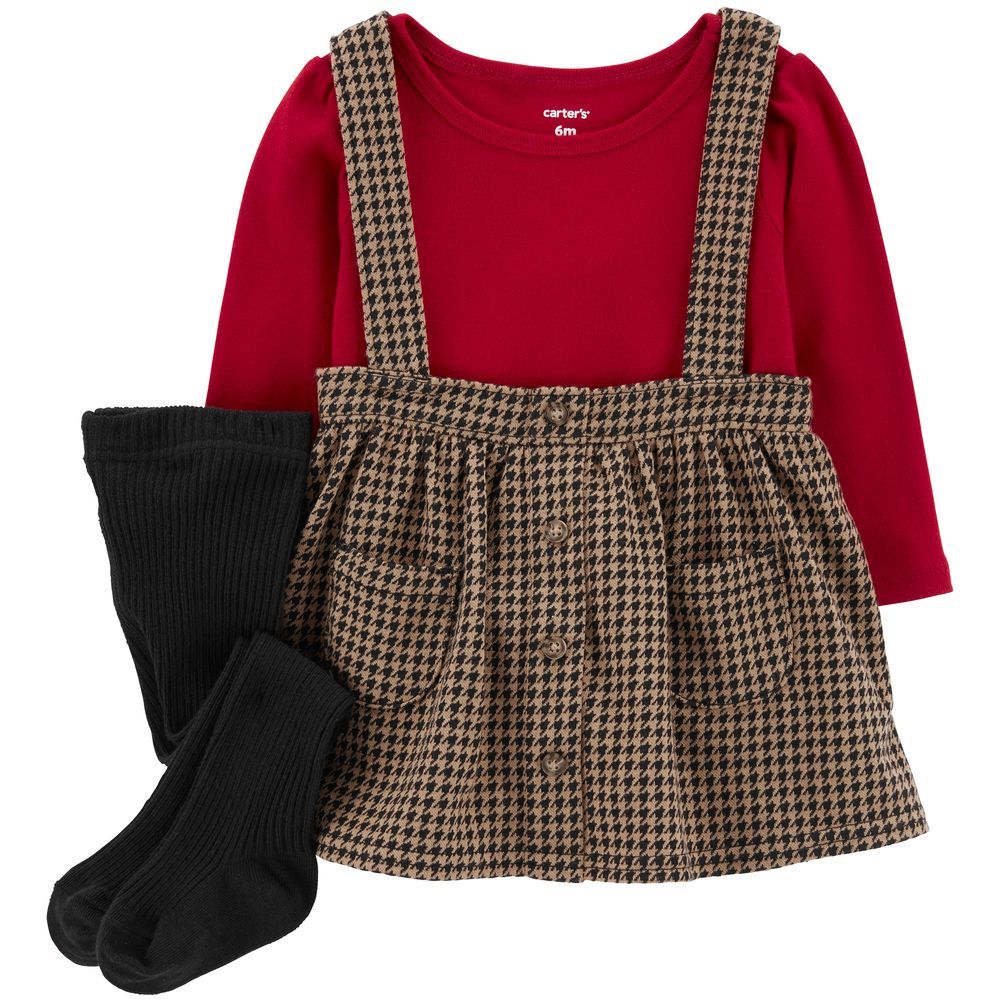 Carters - 3pc-Set - Bodysuit, Pinafore Dress & Tights - Red