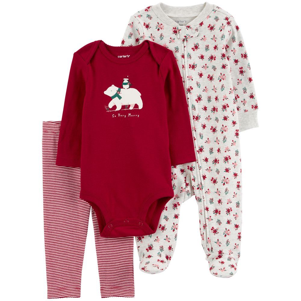 Carters - 3pc-Set - Bodysuit, Sleepsuit & Pants - Red/White