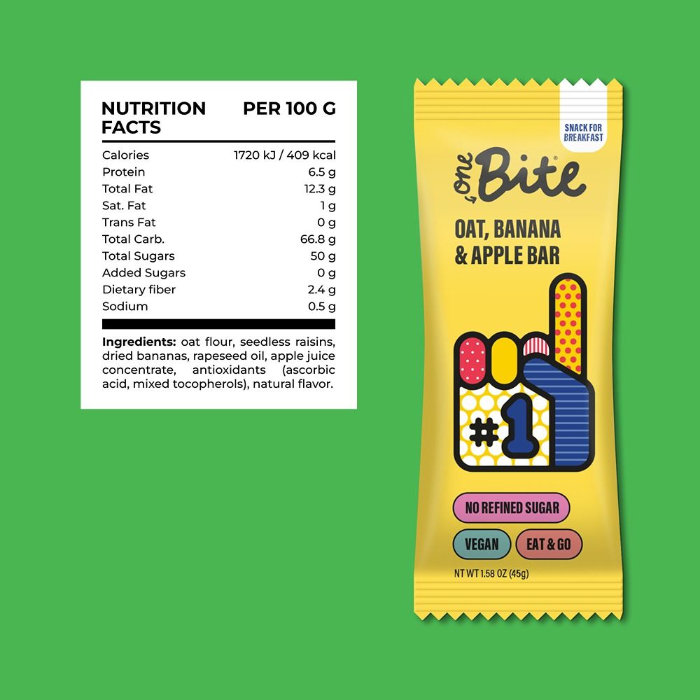 One Bite - Fruit & Oat Bar - Banana and Apple - 45g - Pack of 20