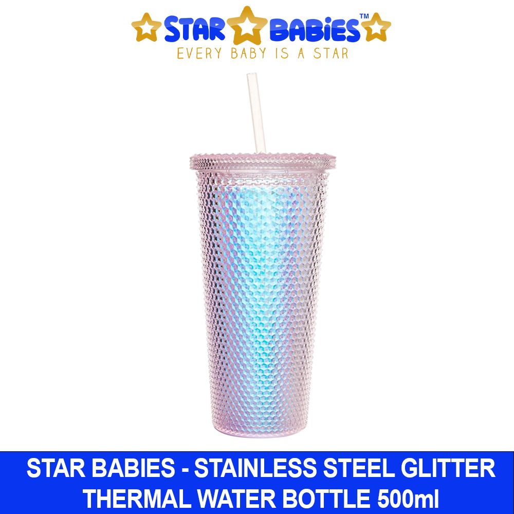 Star Babies - Shiny Bling Glitter Dimond Bottle With Lid And Straw - Multicolor - 750ml