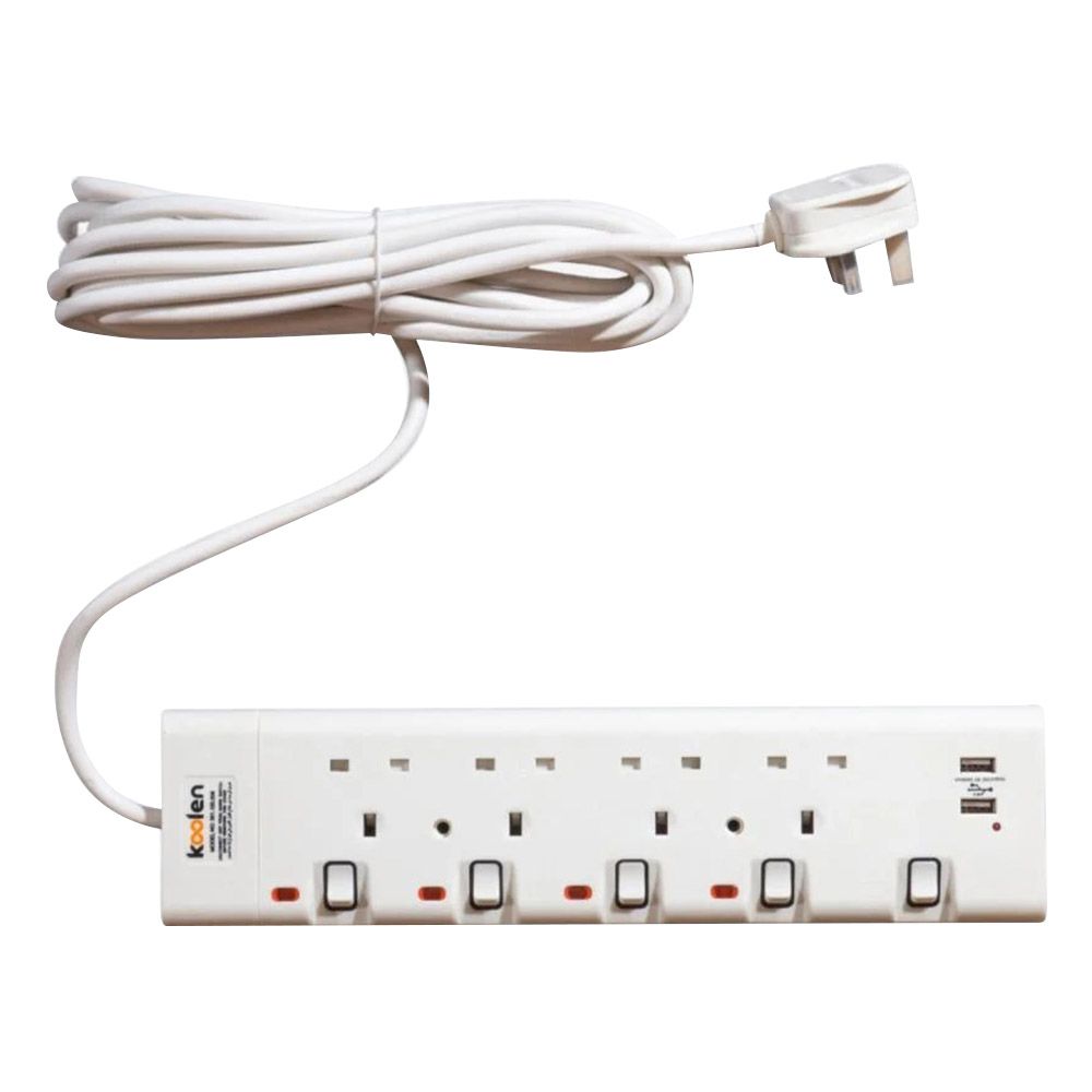 Koolen - Power Strip With 4 Socket And 2 USB - White - 5 Meter