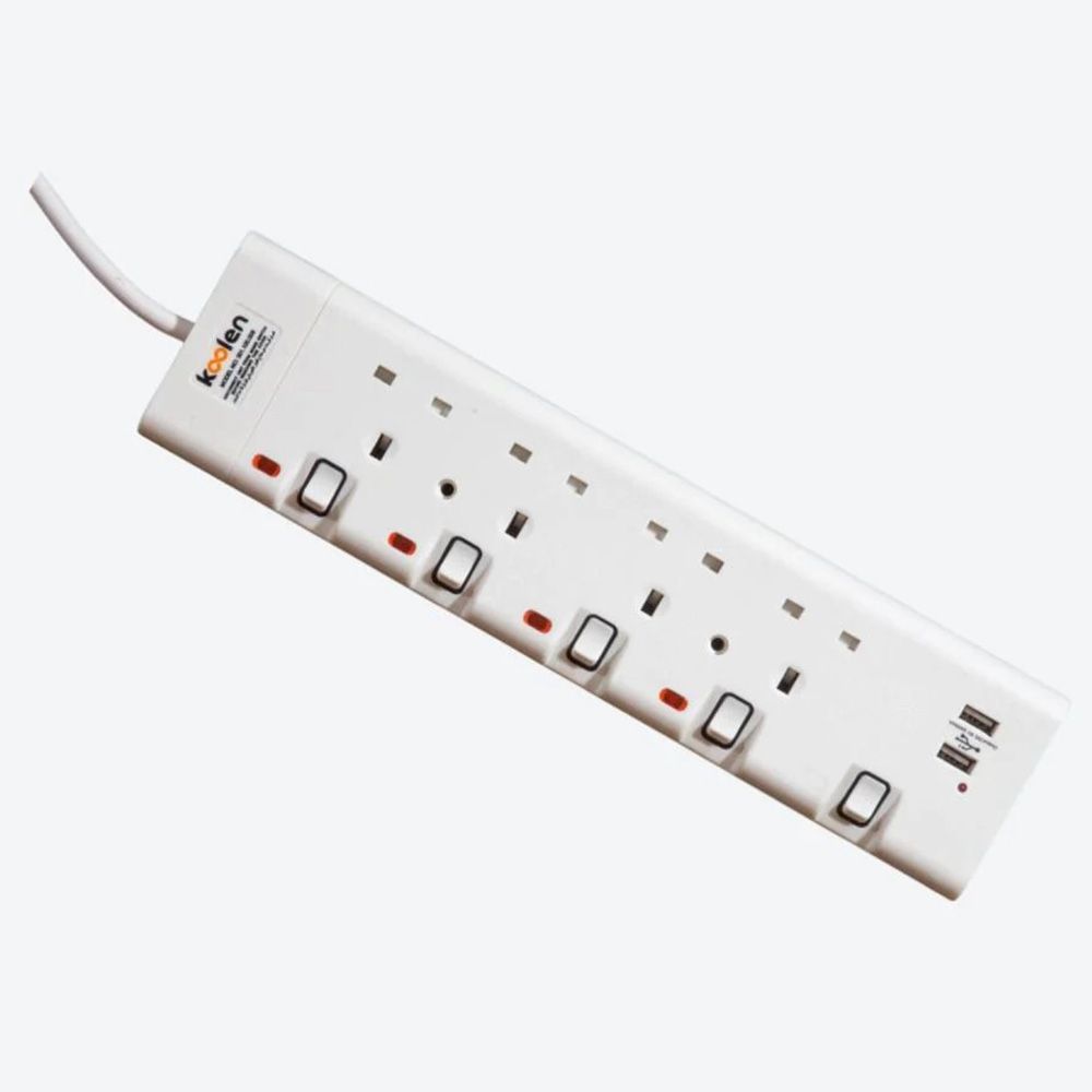 Koolen - Power Strip With 4 Socket And 2 USB - White - 5 Meter