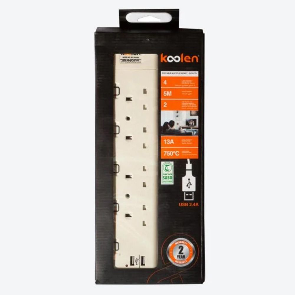 Koolen - Power Strip With 4 Socket And 2 USB - White - 5 Meter