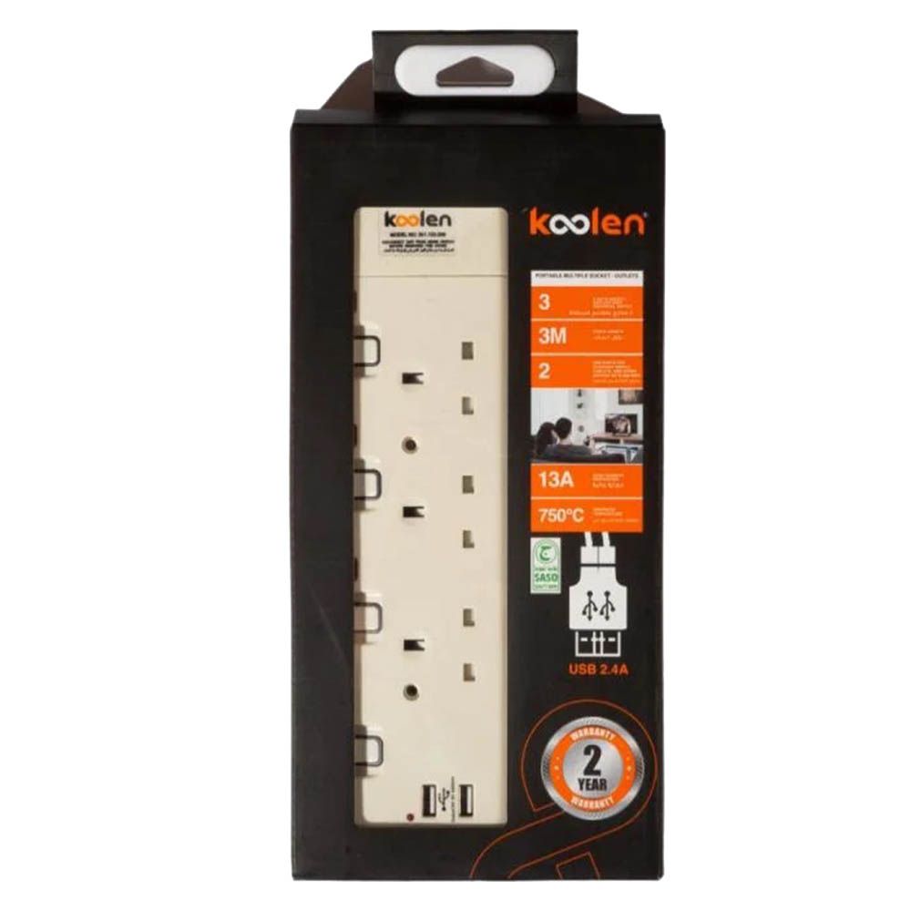 Koolen - Power Strip With 3 Socket And 2 USB - White - 3 Meter