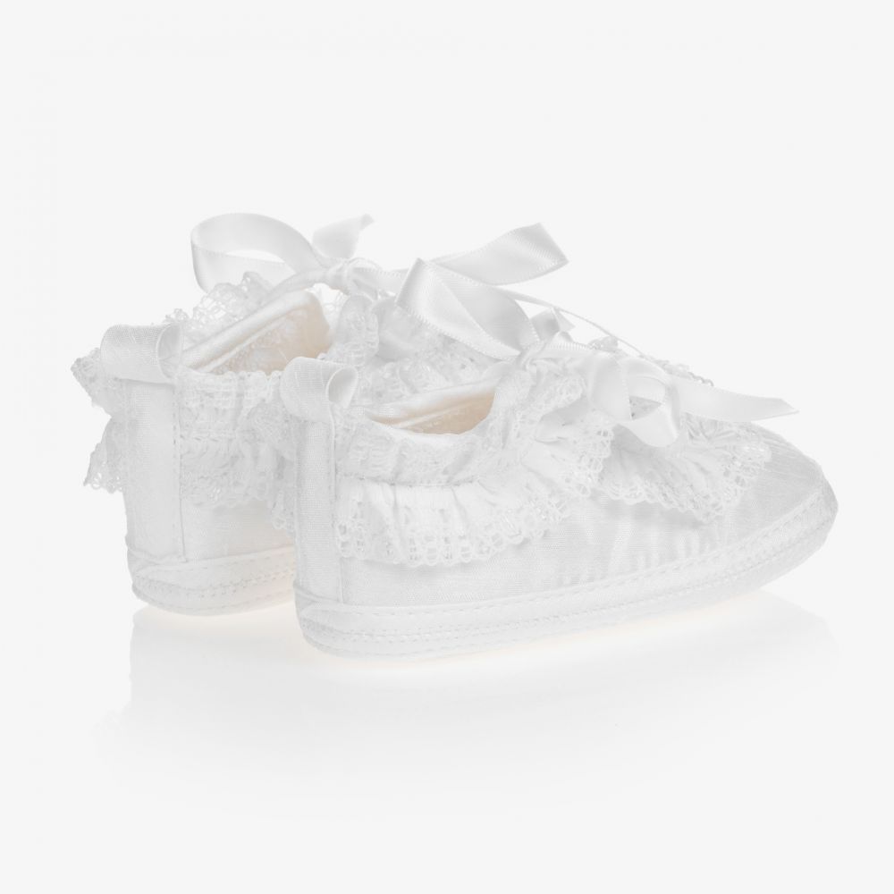 Early days - Baby Girl White Silk Lace Shoes With Ribbon Tie