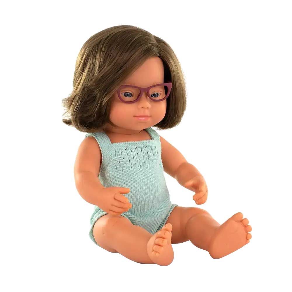 Miniland Baby - Caucasic Down Syndrome Girl Doll With Clothing And Glasses - 38cm