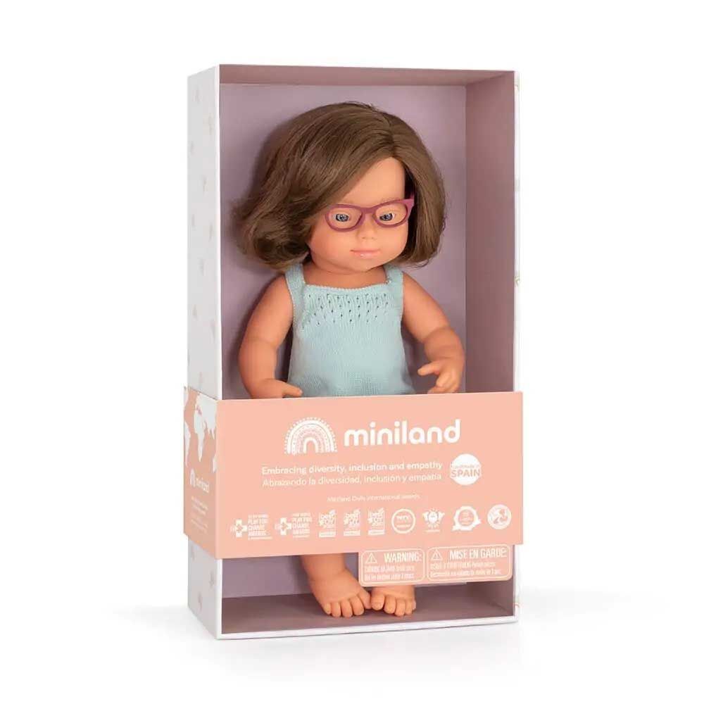 Miniland Baby - Caucasic Down Syndrome Girl Doll With Clothing And Glasses - 38cm