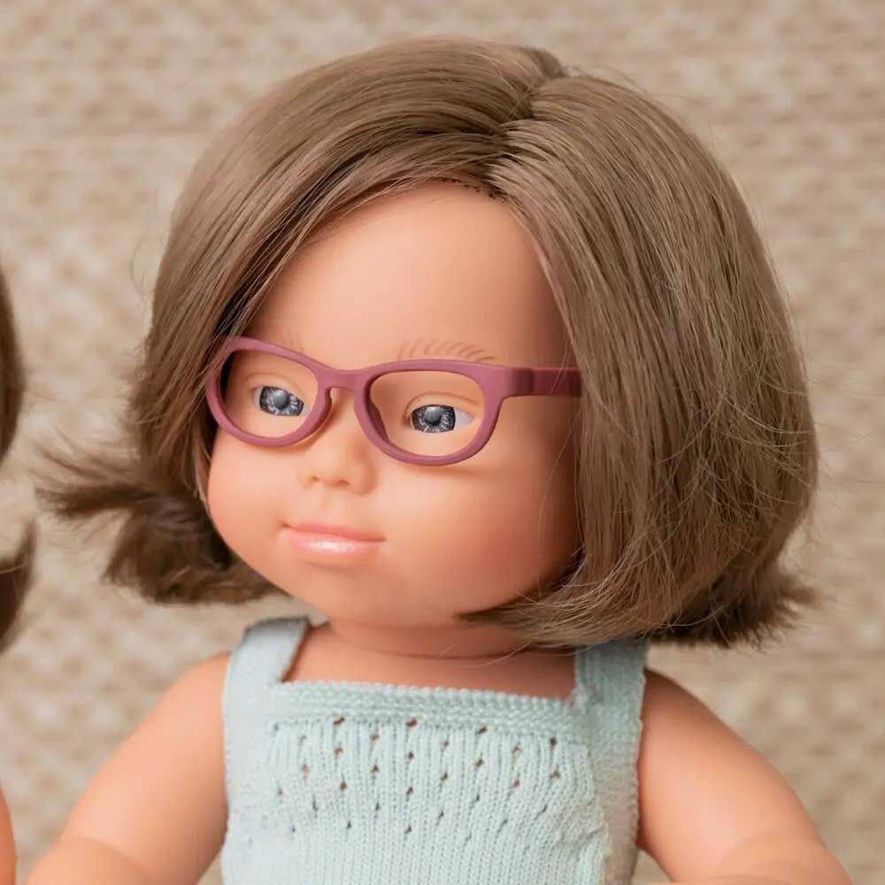 Miniland Baby - Caucasic Down Syndrome Girl Doll With Clothing And Glasses - 38cm