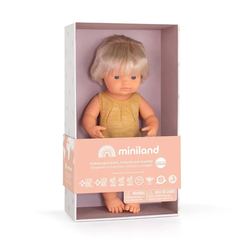 Miniland Baby - Caucasian Girl Hearing Implant Doll With Ochre Romper - 38cm