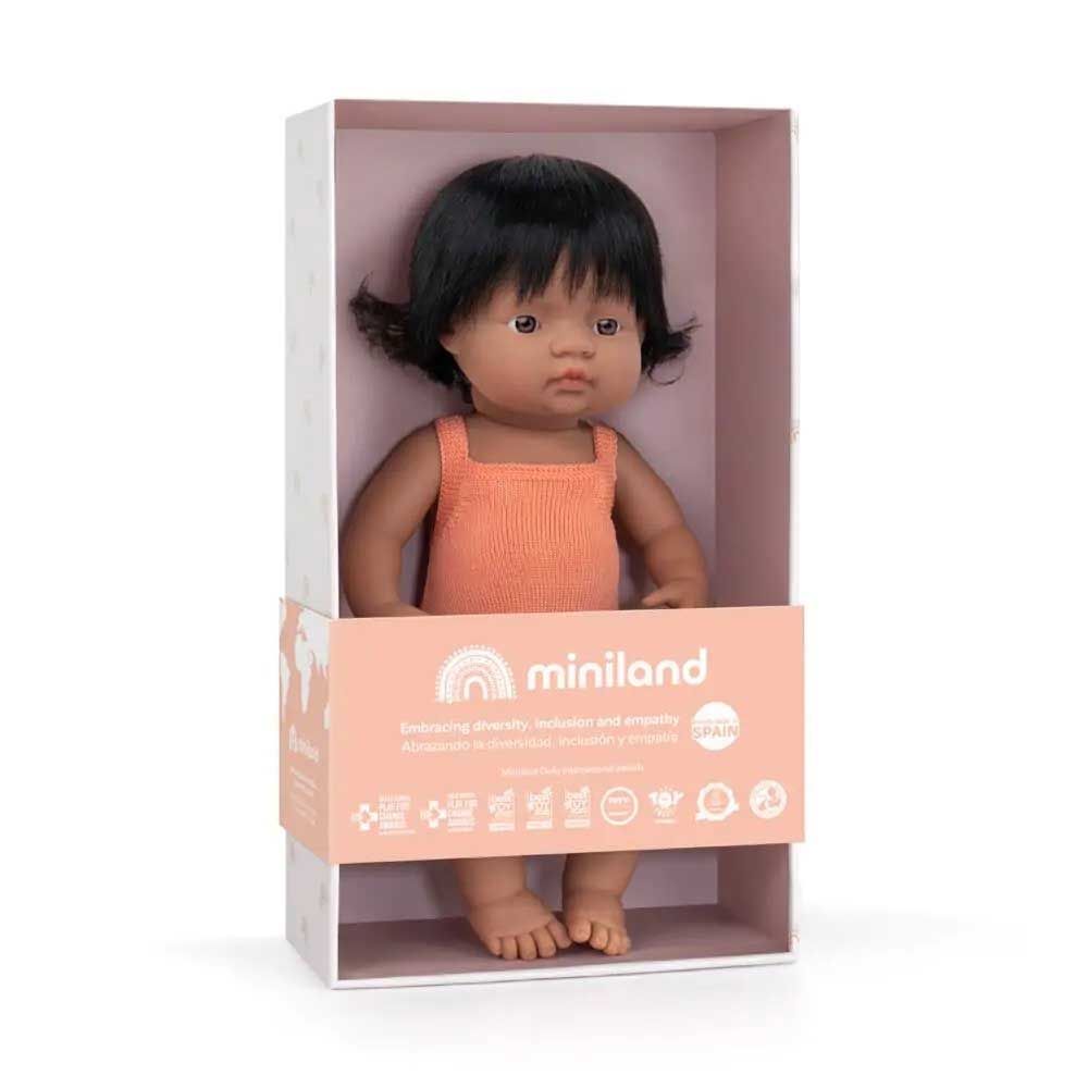 Miniland Baby - Hispanic Girl Doll With Salmon Romper - 38cm