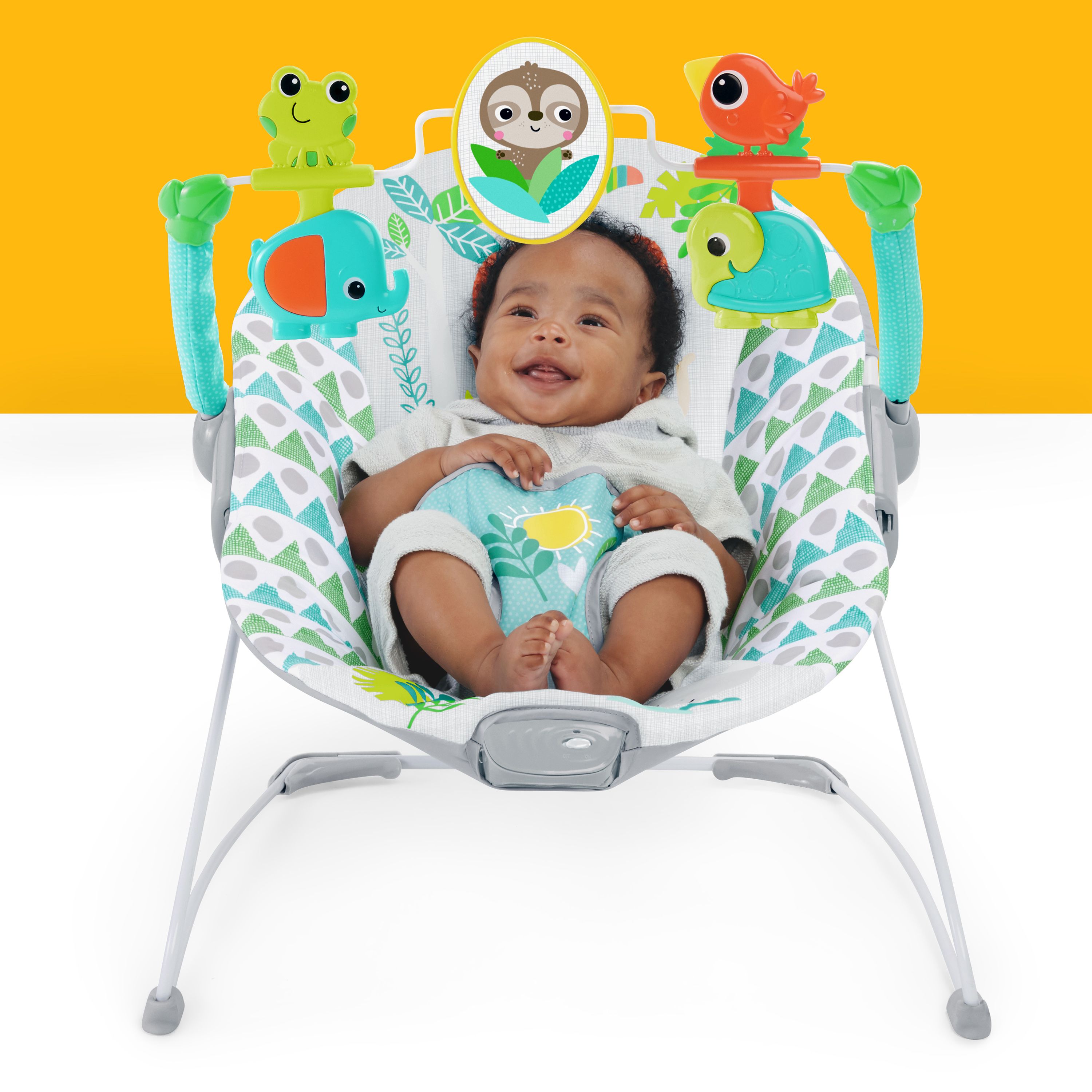 Bright Starts - Spinnin Safari Vibrating Baby Bouncer Seat with Toy Bar