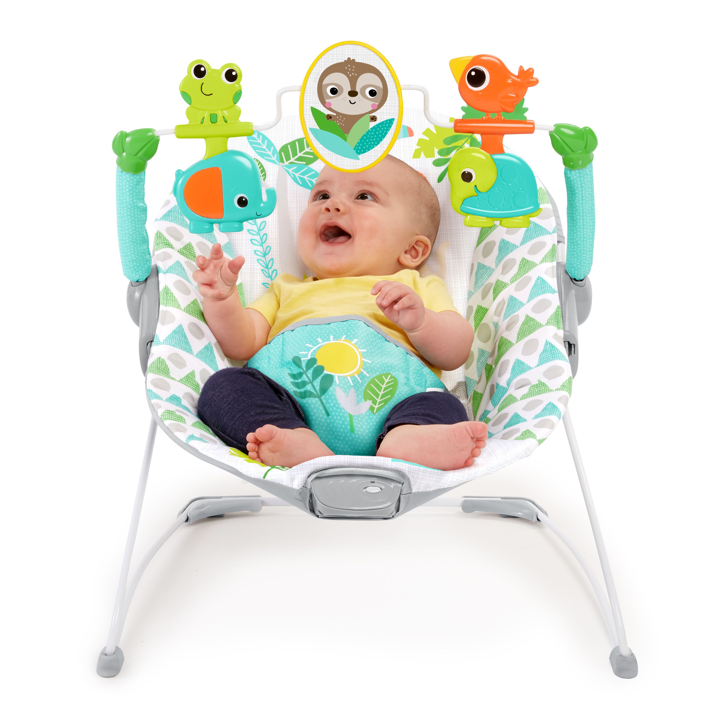 Bright Starts - Spinnin Safari Vibrating Baby Bouncer Seat with Toy Bar