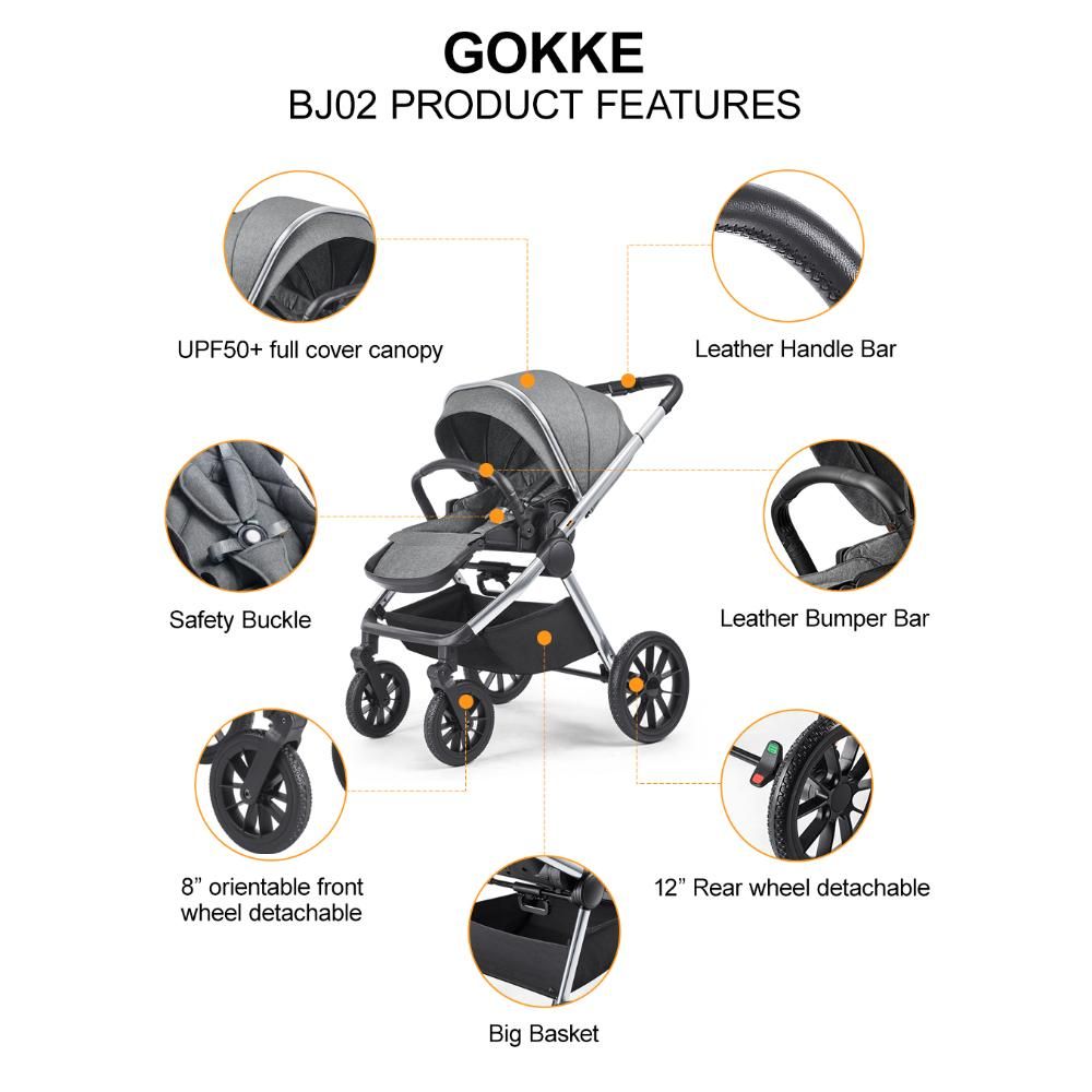 Gokke - Reversible Baby Stroller - BJ02GS - Grey & Silver