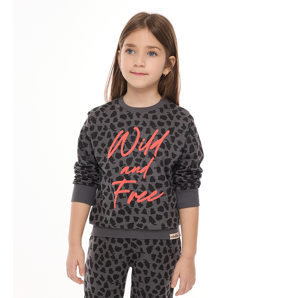 2pc Set Girls Leopard Print Sweat Top And Joggers Dark Grey