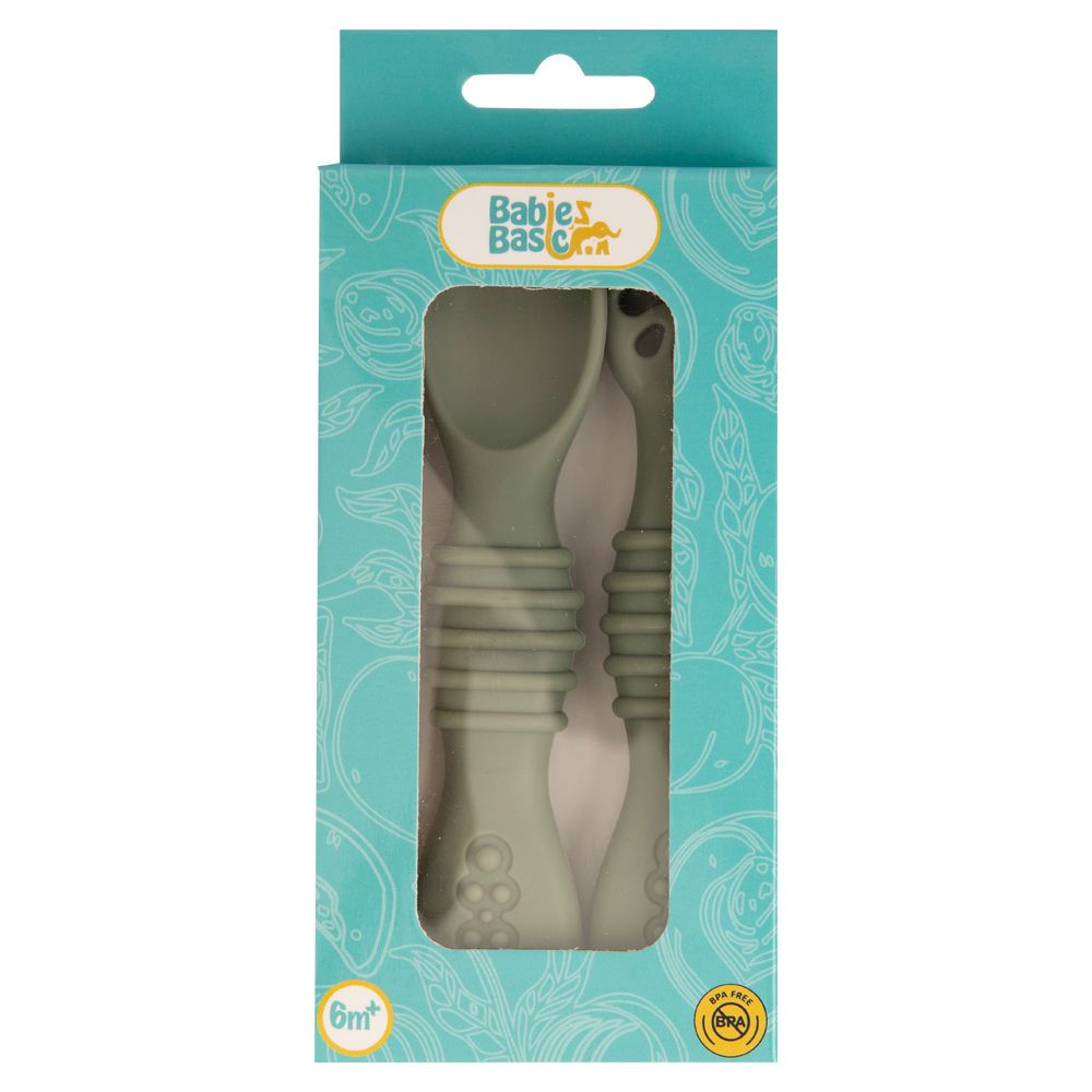 Babies Basic - First Stage Training Silicone Spoon With Masher - Bottle Green