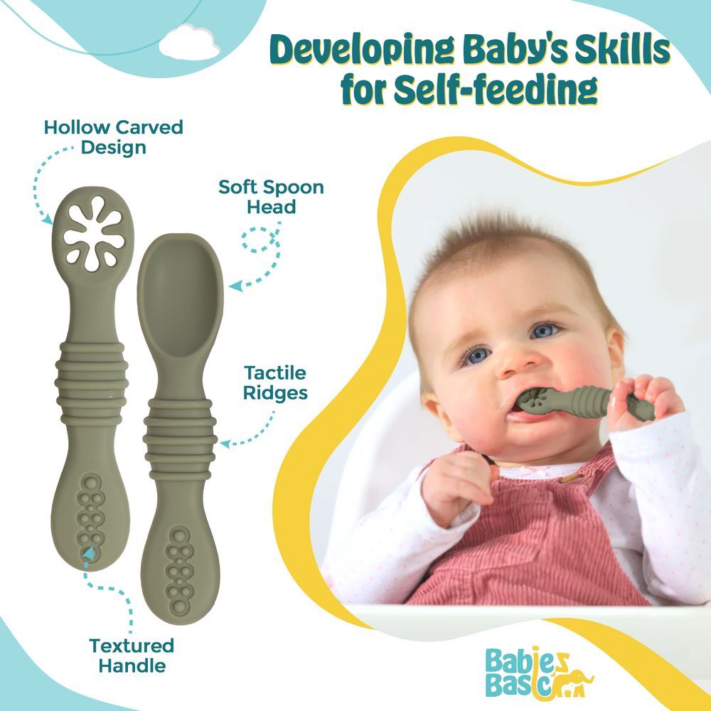 Babies Basic - First Stage Training Silicone Spoon With Masher - Bottle Green