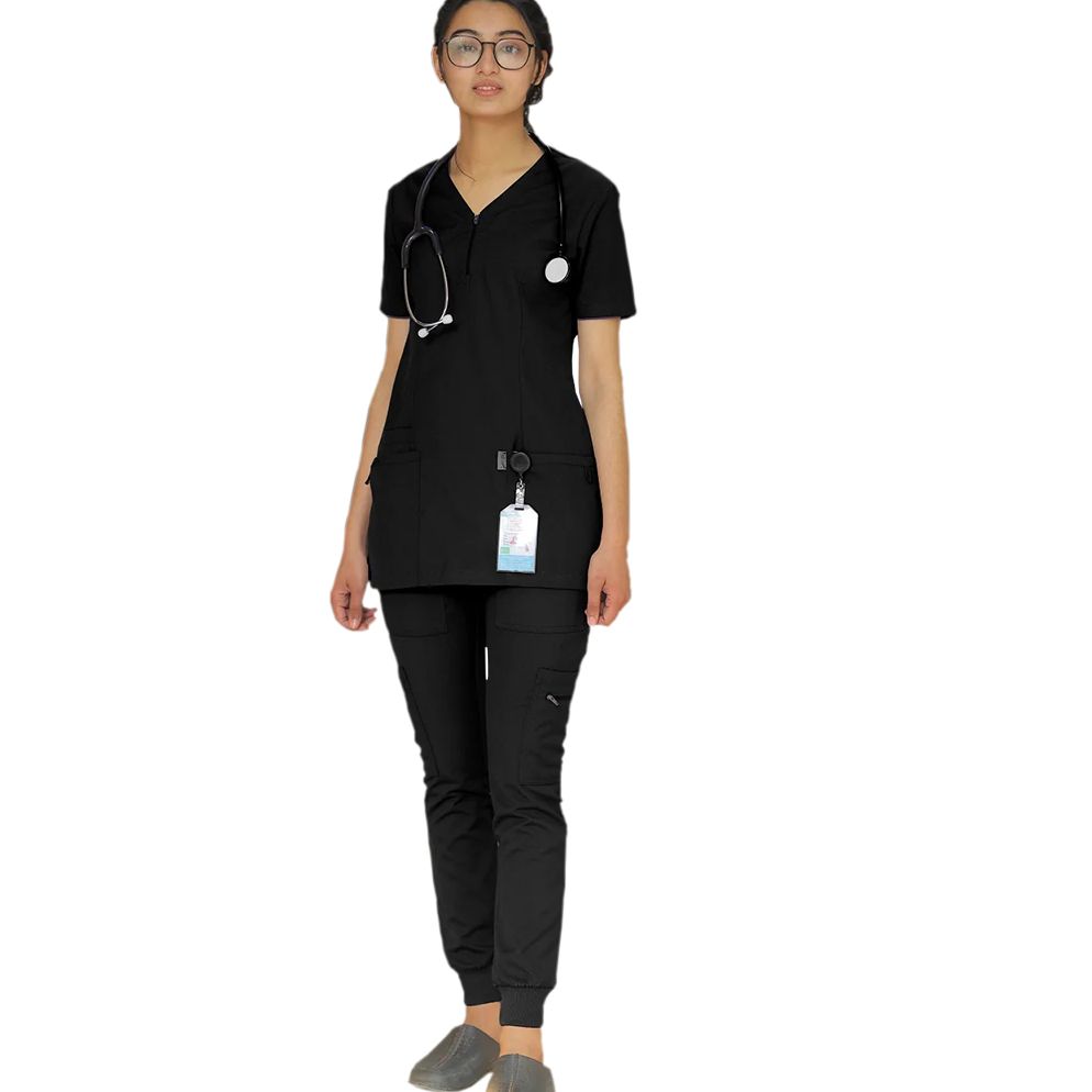 Prokids - Female Zipper Oslo Scrub Suit V Neck - Black