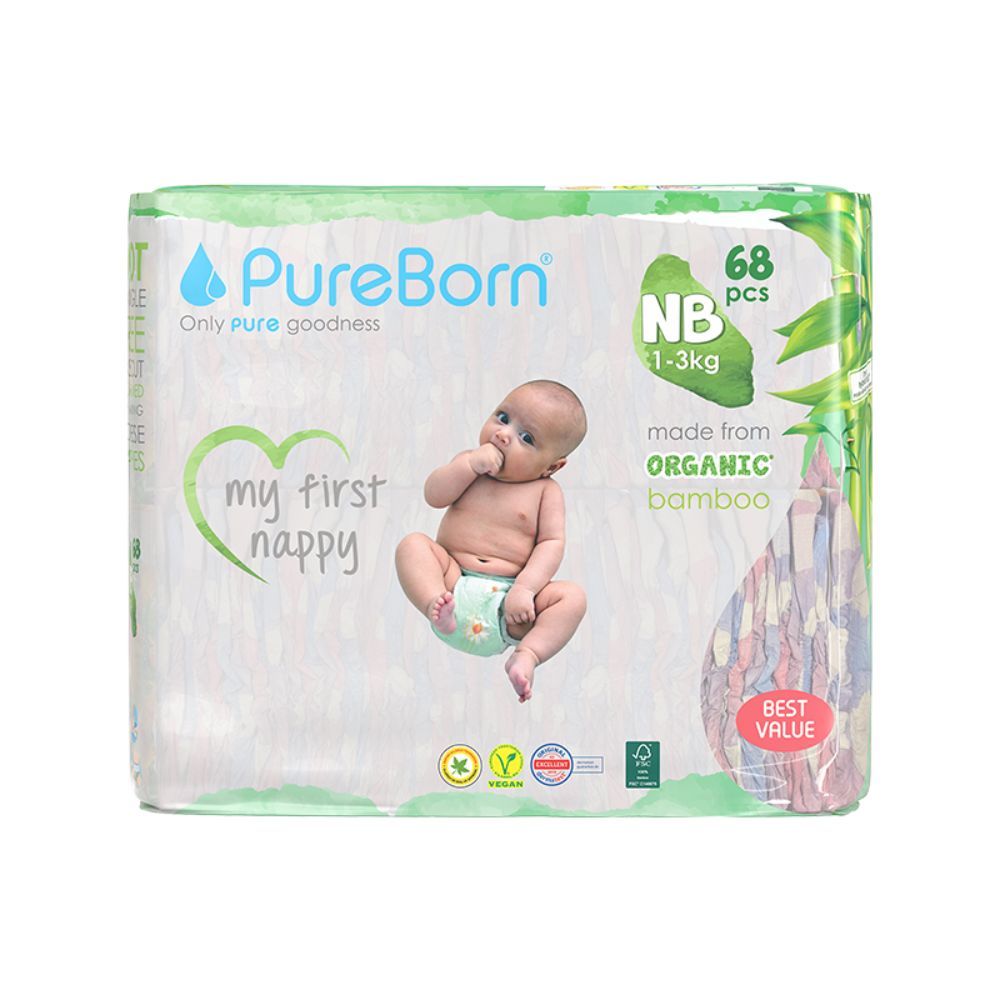 Pureborn - NB Organic Diapers 1-3Kg 68s - Twin Value Pack - Cloud