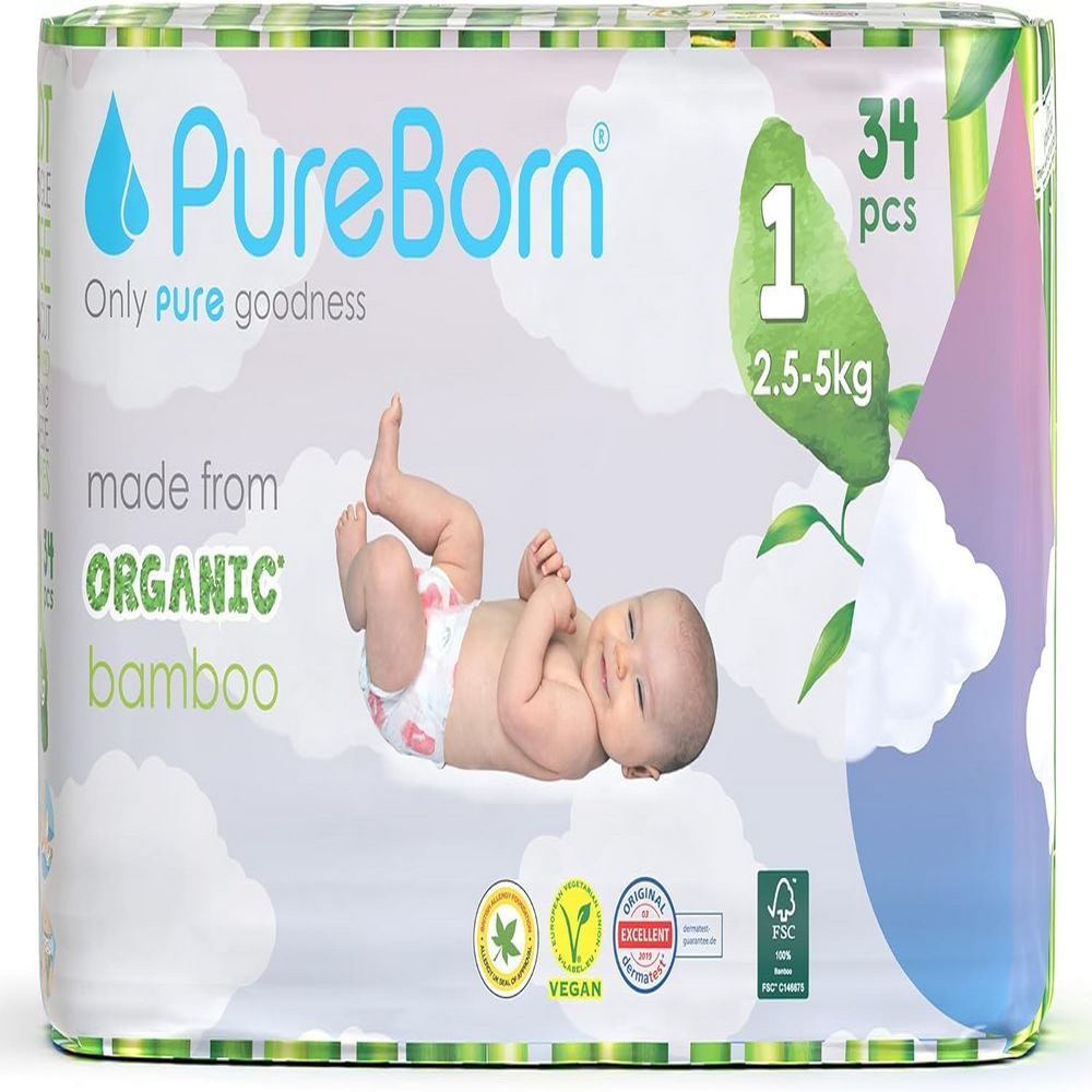 Pureborn - Size 1 Organic Diapers Upto 5Kg 34s - Single Pack - Cloud