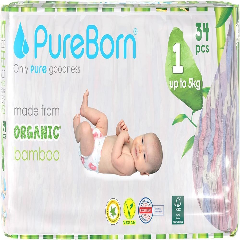 Pureborn - Size 1 Organic Diapers Upto 5Kg 34s - Single Pack - Sunflower