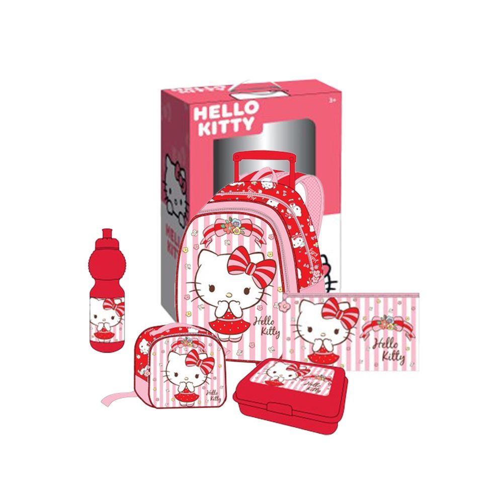 Sanrio - Hello Kitty Kids 5-in-1 Box Set W/ 18" - Trolley School Bag, Water Bottle, Lunch Box, Lunch Bag & Pencil Case - Stripes