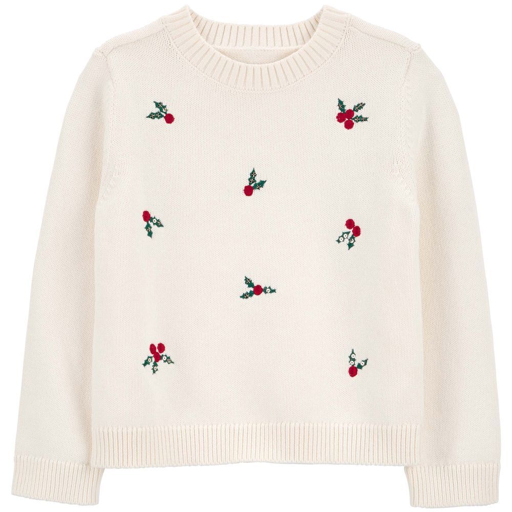 Carters - Girl's Christmas Holly Knit Sweater - Cream