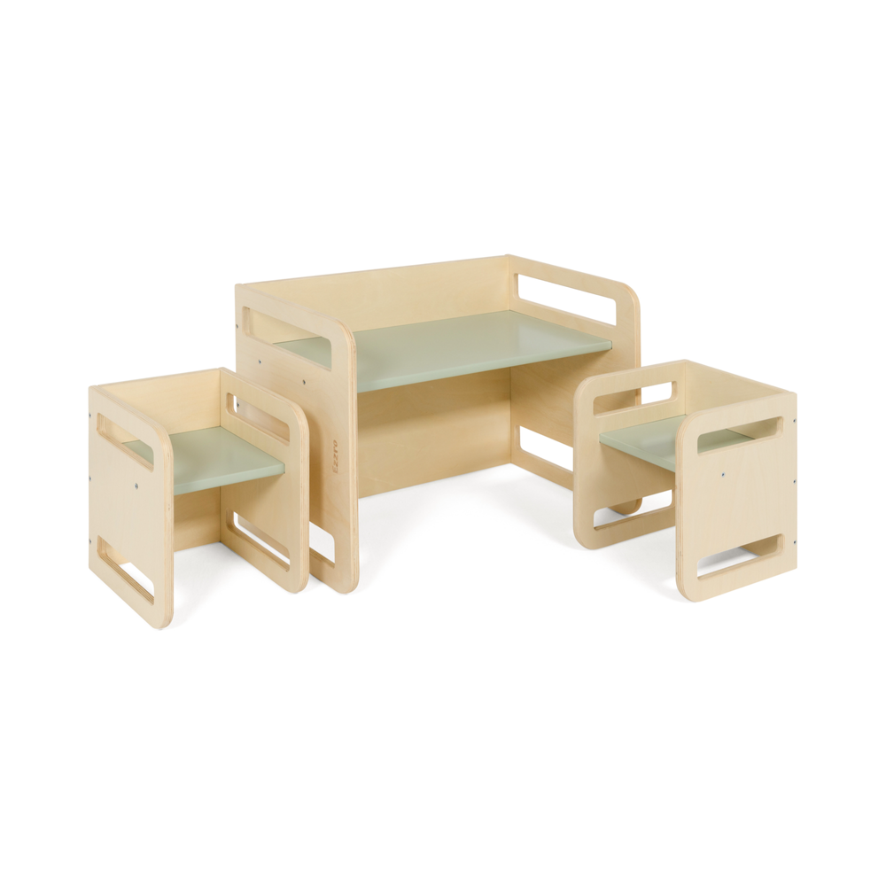 Ezzro - Montessori Two chairs And Table Set - Natural/Light Green