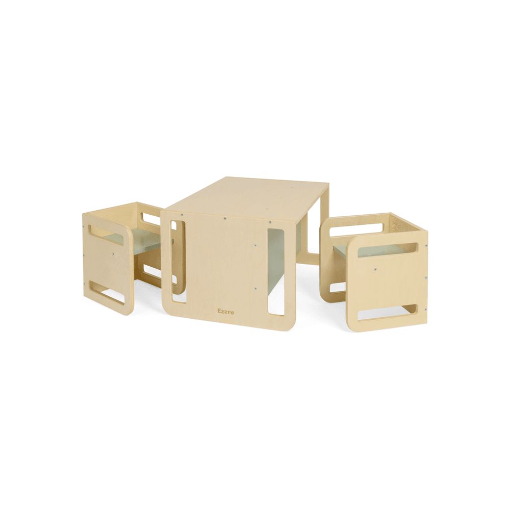 Ezzro - Montessori Two chairs And Table Set - Natural/Light Green