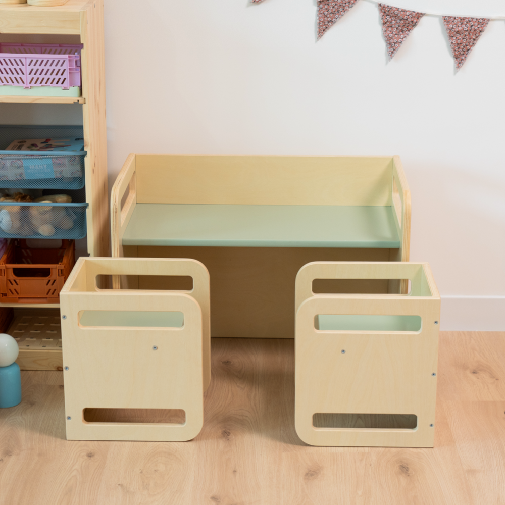 Ezzro - Montessori Two chairs And Table Set - Natural/Light Green