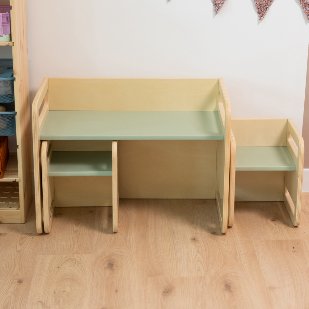 Ezzro - Montessori Two chairs And Table Set - Natural/Light Green