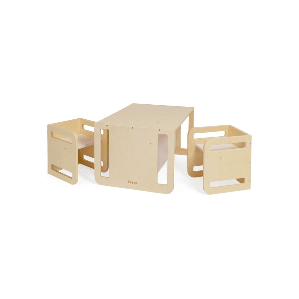 Ezzro - Montessori Two chairs And Table Set - Natural/Light Pink