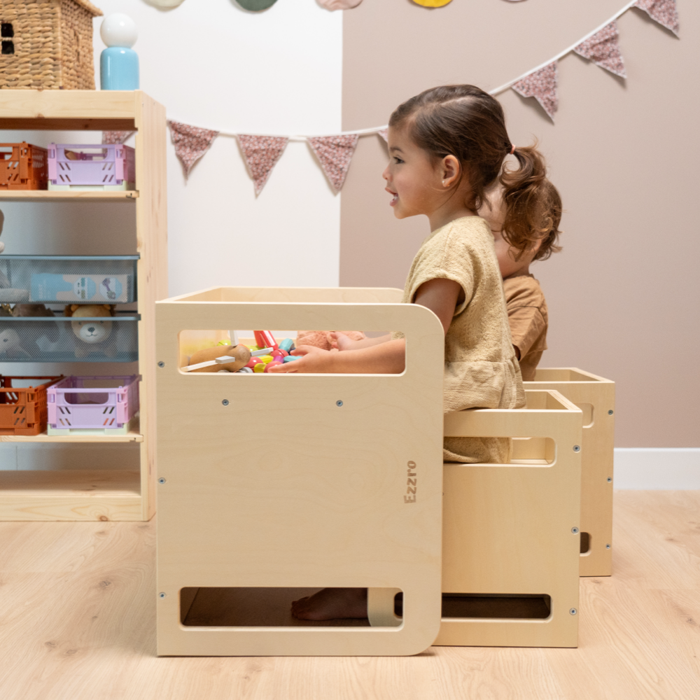 Ezzro - Montessori Two chairs And Table Set - Natural/Light Pink