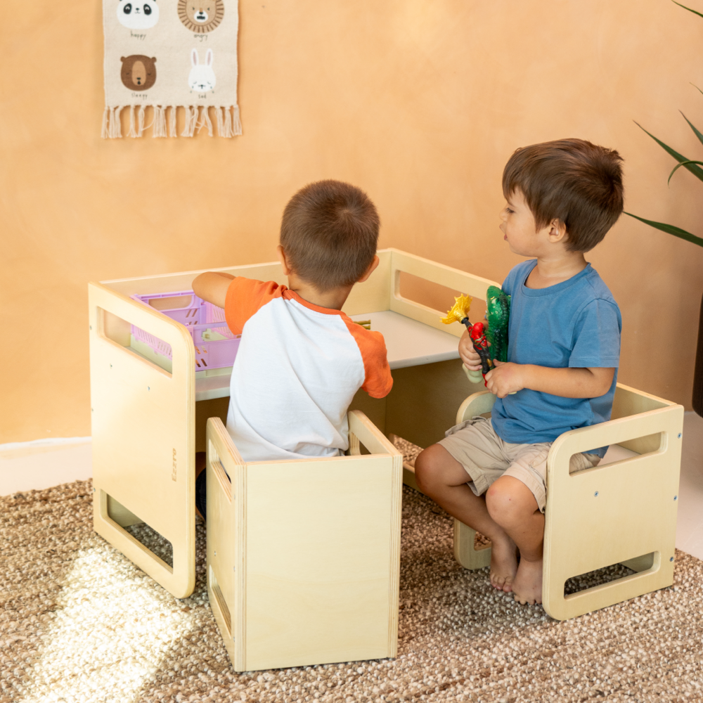 Ezzro - Montessori Two chairs And Table Set - Natural/Light Pink