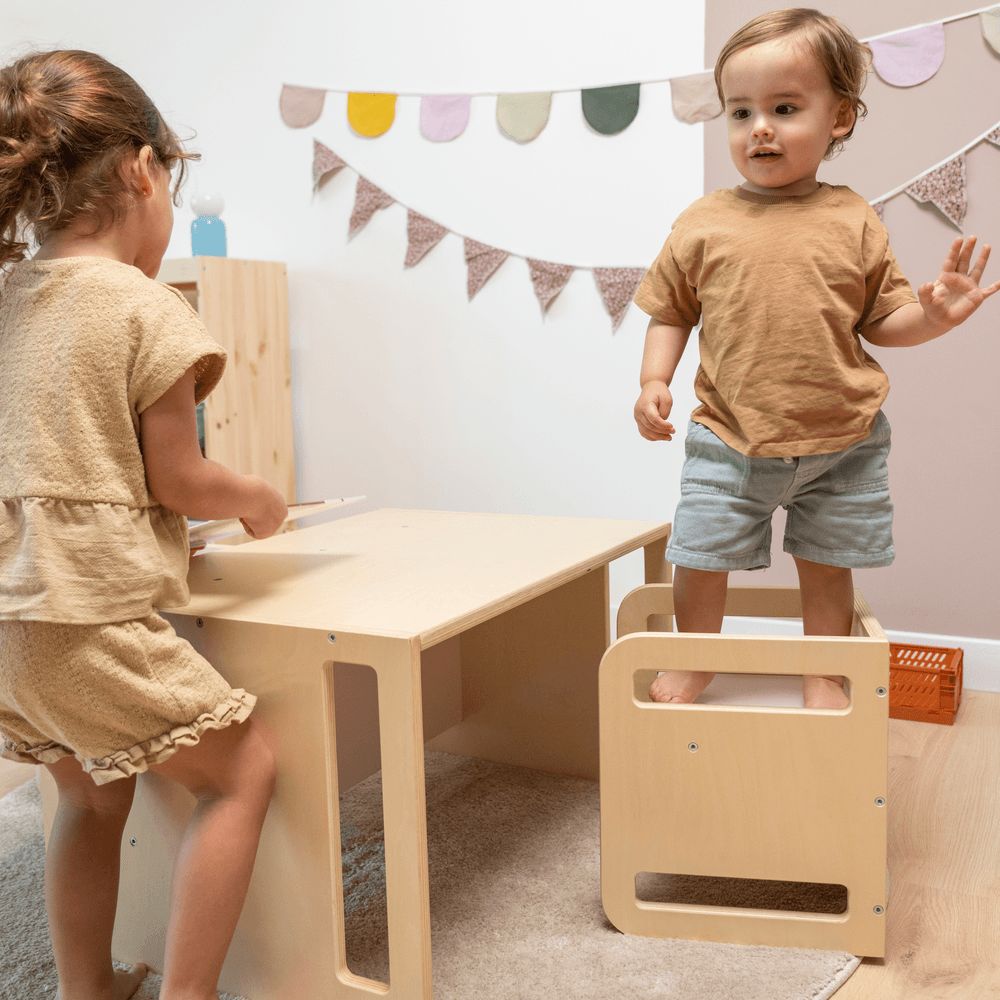 Ezzro - Montessori Two chairs And Table Set - Natural/Light Pink