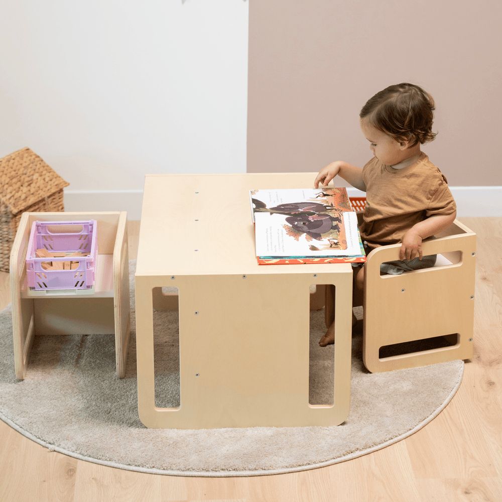 Ezzro - Montessori Two chairs And Table Set - Natural/Light Pink