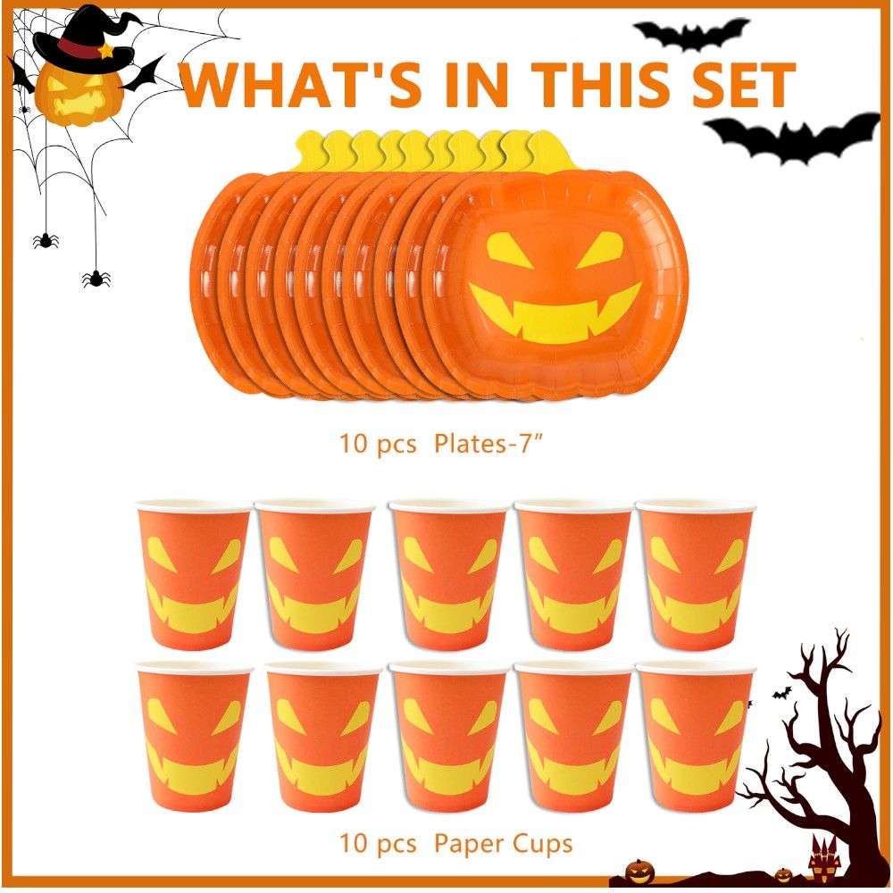 Doodle Kiddo - Pumpkin Plates And Cups Halloween Tableware Set - 20 Pcs