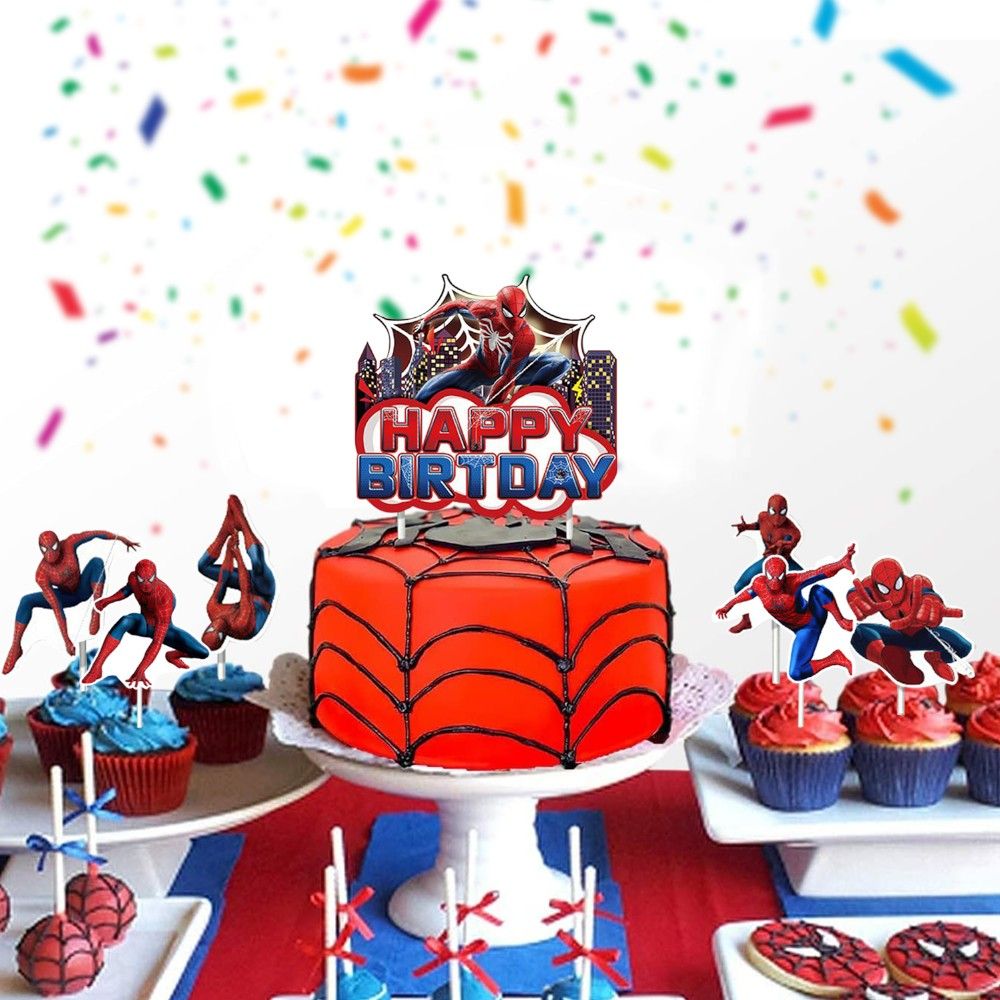 Doodle Kiddo - Spiderman Happy Birthday Cake Topper Set - Pack of 16