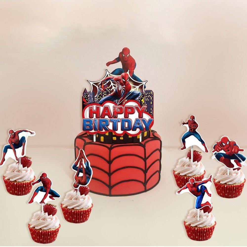 Doodle Kiddo - Spiderman Happy Birthday Cake Topper Set - Pack of 16