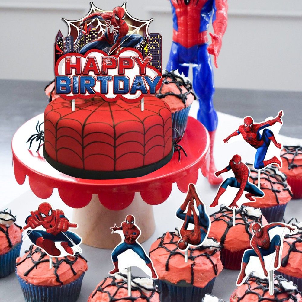 Doodle Kiddo - Spiderman Happy Birthday Cake Topper Set - Pack of 16