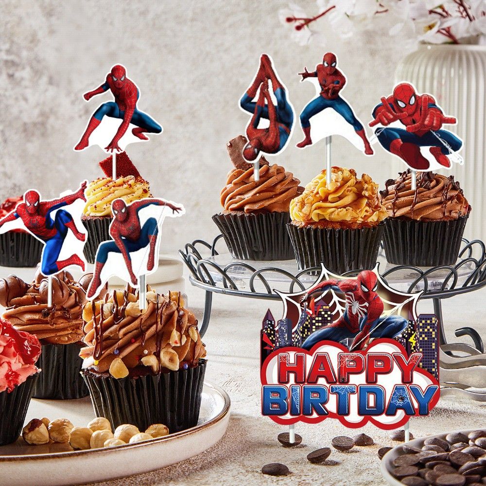 Doodle Kiddo - Spiderman Happy Birthday Cake Topper Set - Pack of 16