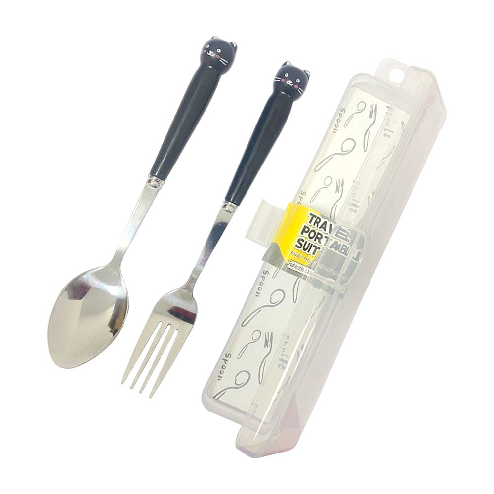 Brain Giggles - Cat Face Stainless Steel Kids Cutlery Set - Black - 2 Pcs