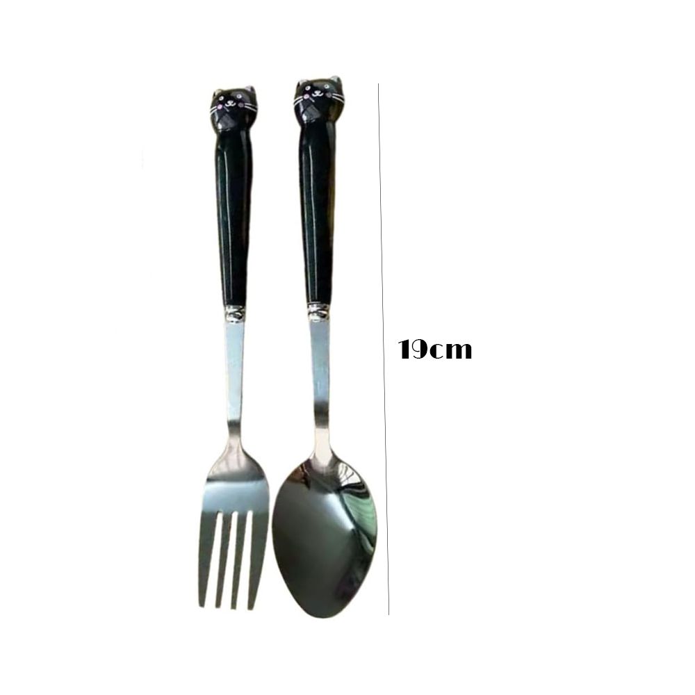 Brain Giggles - Cat Face Stainless Steel Kids Cutlery Set - Black - 2 Pcs