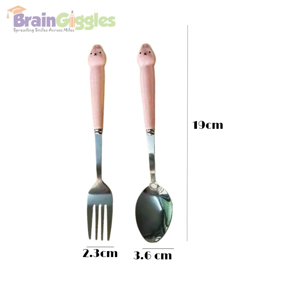 Brain Giggles - Cat Face Stainless Steel Kids Cutlery Set - Pink - 2 Pcs