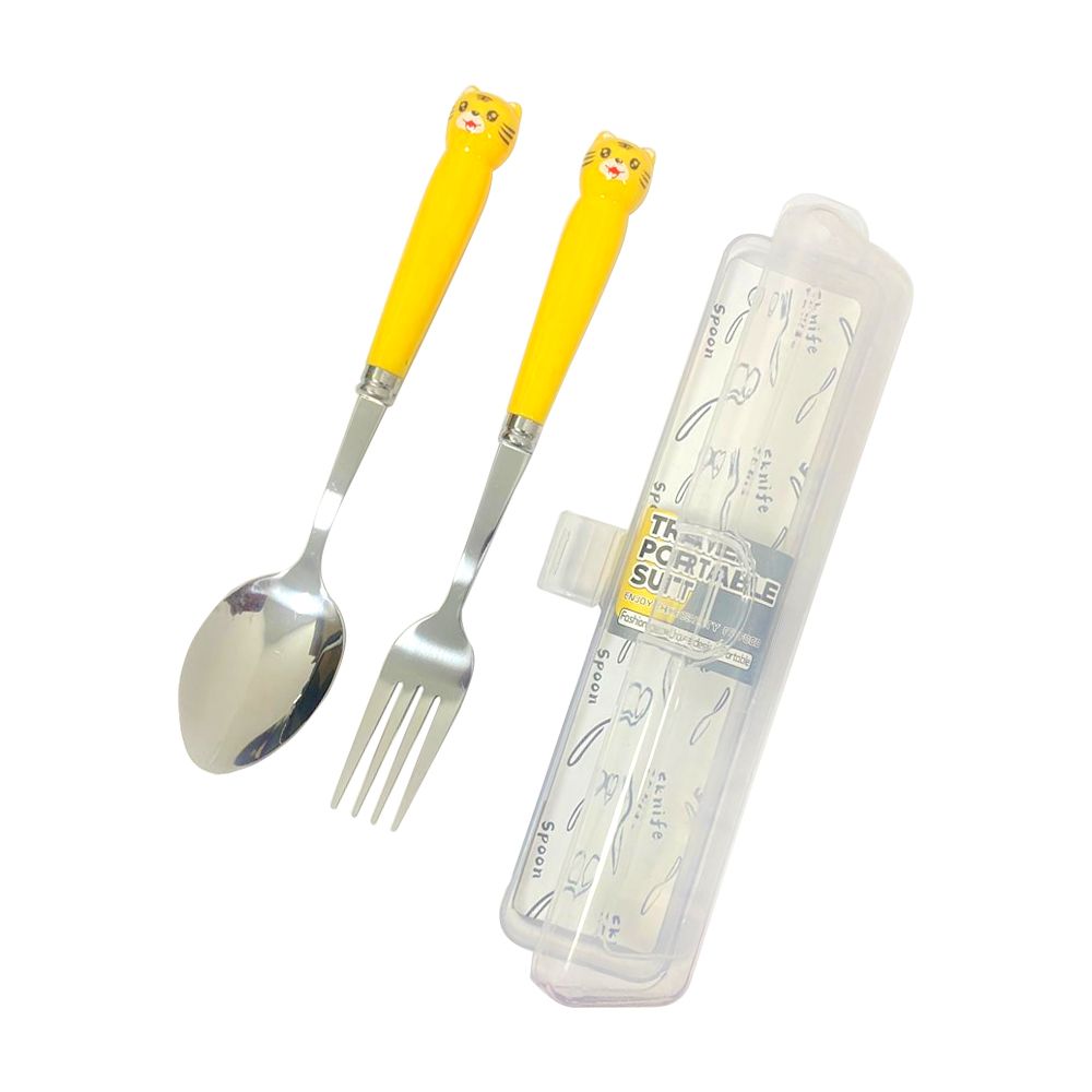 Brain Giggles - Cat Face Stainless Steel Kids Cutlery Set - Yellow - 2 Pcs