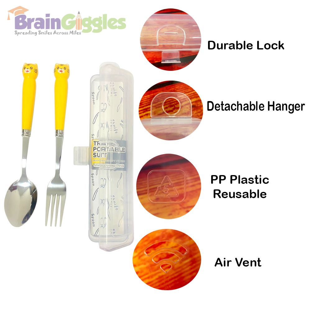 Brain Giggles - Cat Face Stainless Steel Kids Cutlery Set - Yellow - 2 Pcs